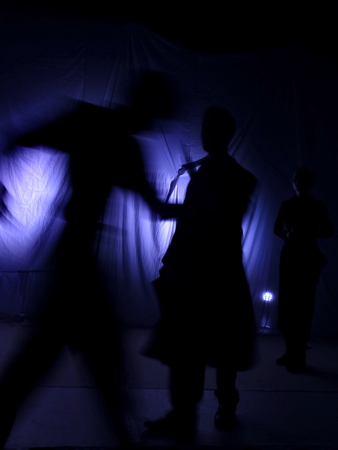 Two silhouetted figures against a blue-lit sheet, one striking with a raised arm.