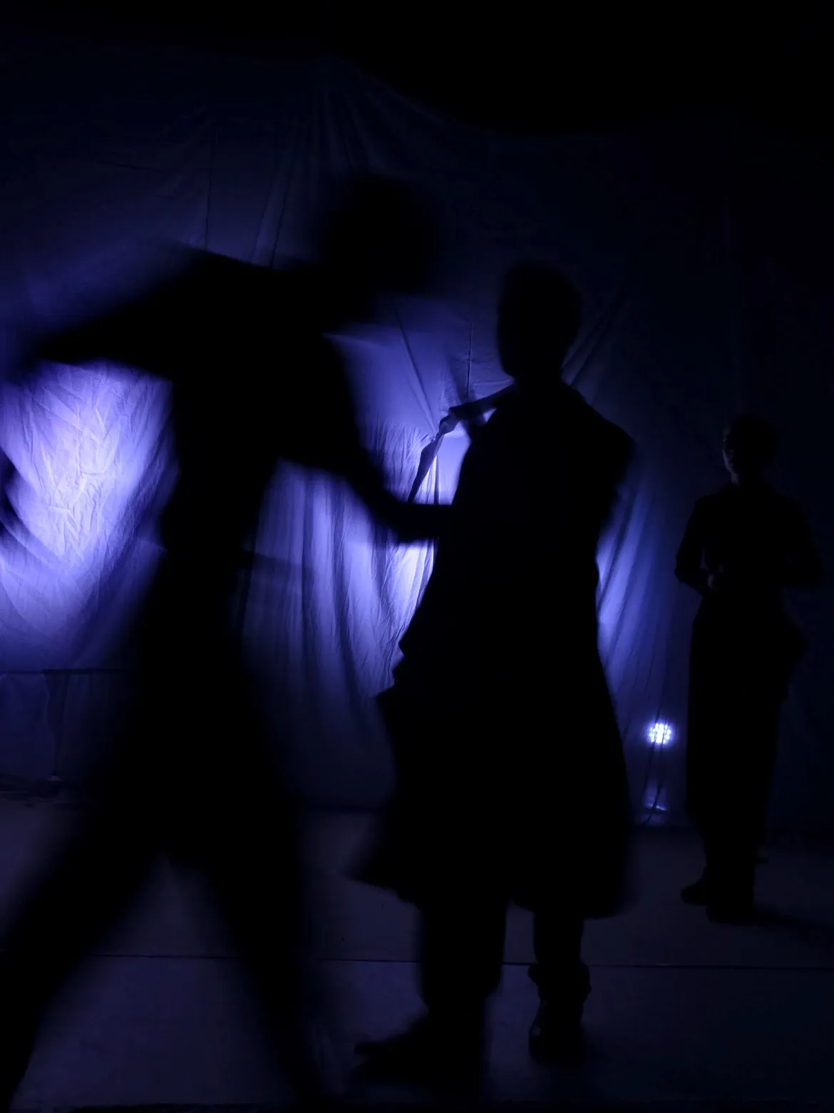 Two silhouetted figures against a blue-lit sheet, one striking with a raised arm.